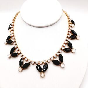 Vintage Black Rhinestones Milky White Cabs Gold Plated Choker Necklace, 1960s